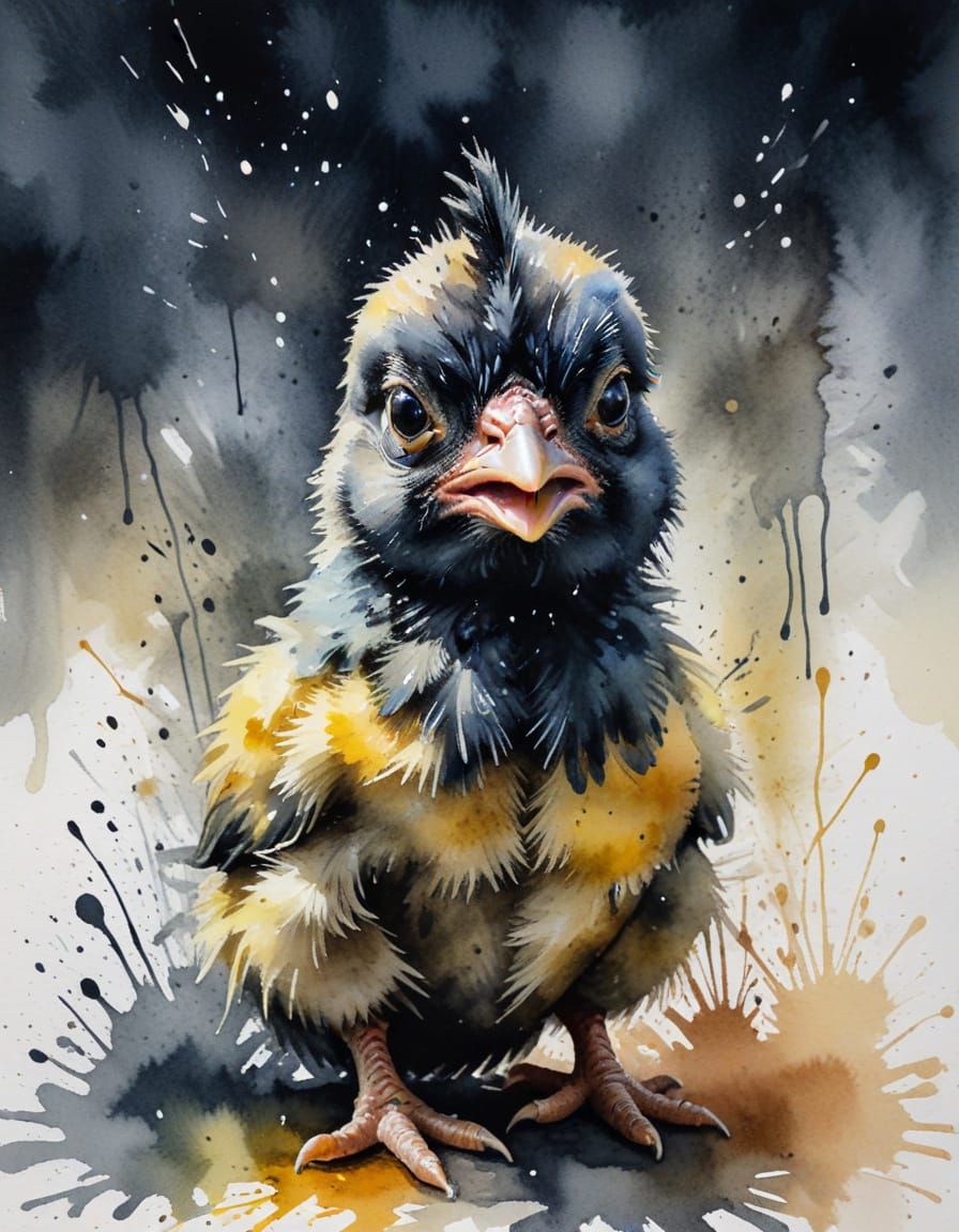 Grumpy Chick Ink Splatter Watercolor Art