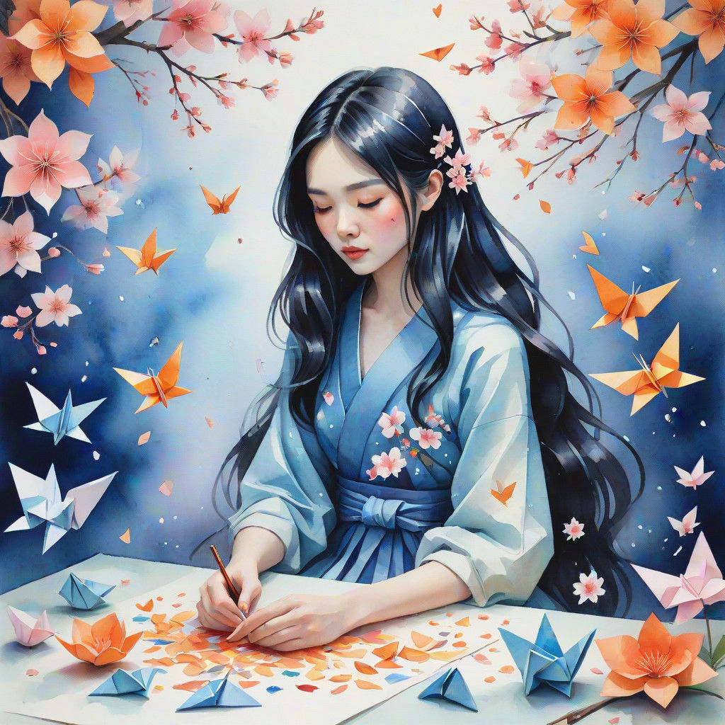 Whimsical Watercolour Origami Scene in Soft Japanese Aesthet...