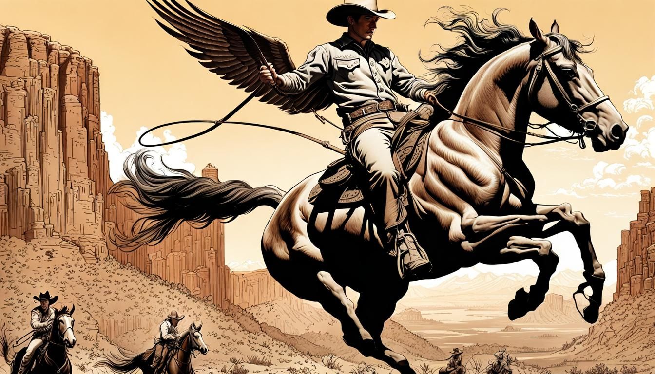 Cowboy Rides Pegasus in Rodeo: Hyperrealistic Digital Art
