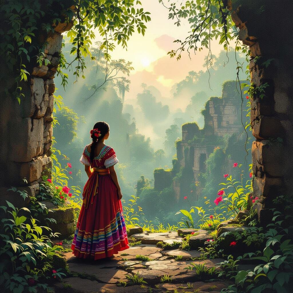 Mexican Woman Overlooking Jungle Ruins at Dawn