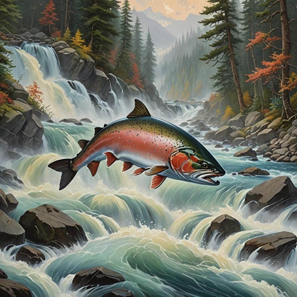 Salmon Leaping Rapids: Detailed Gouache Fantasy Painting