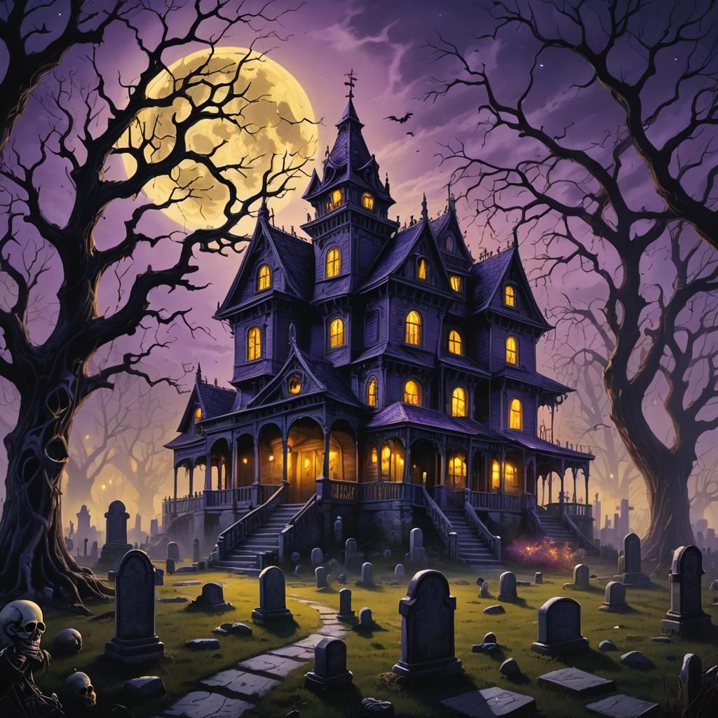 Haunted House with Ghosts in Dark Fantasy Style