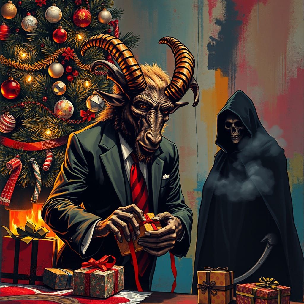 Krampus as Trump Steals Gifts While Tax Man Waits in Graffit...