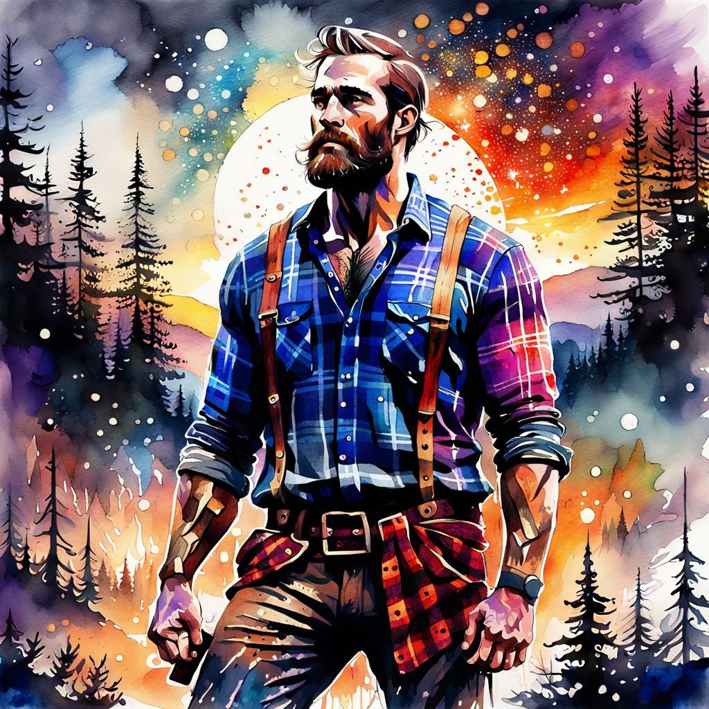 Handsome Lumberjack in Watercolor Fantasy Landscape