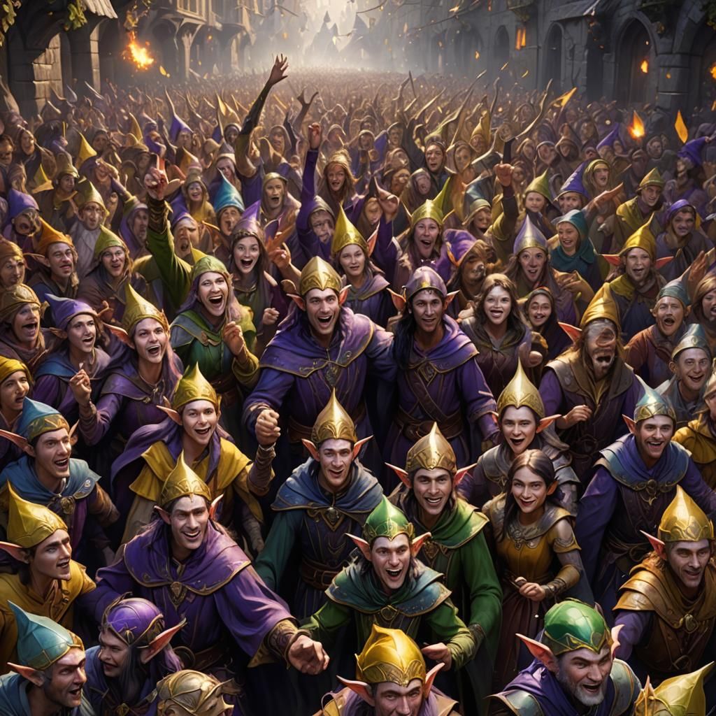 Elven Crowd Cheers in Dark Fantasy Style