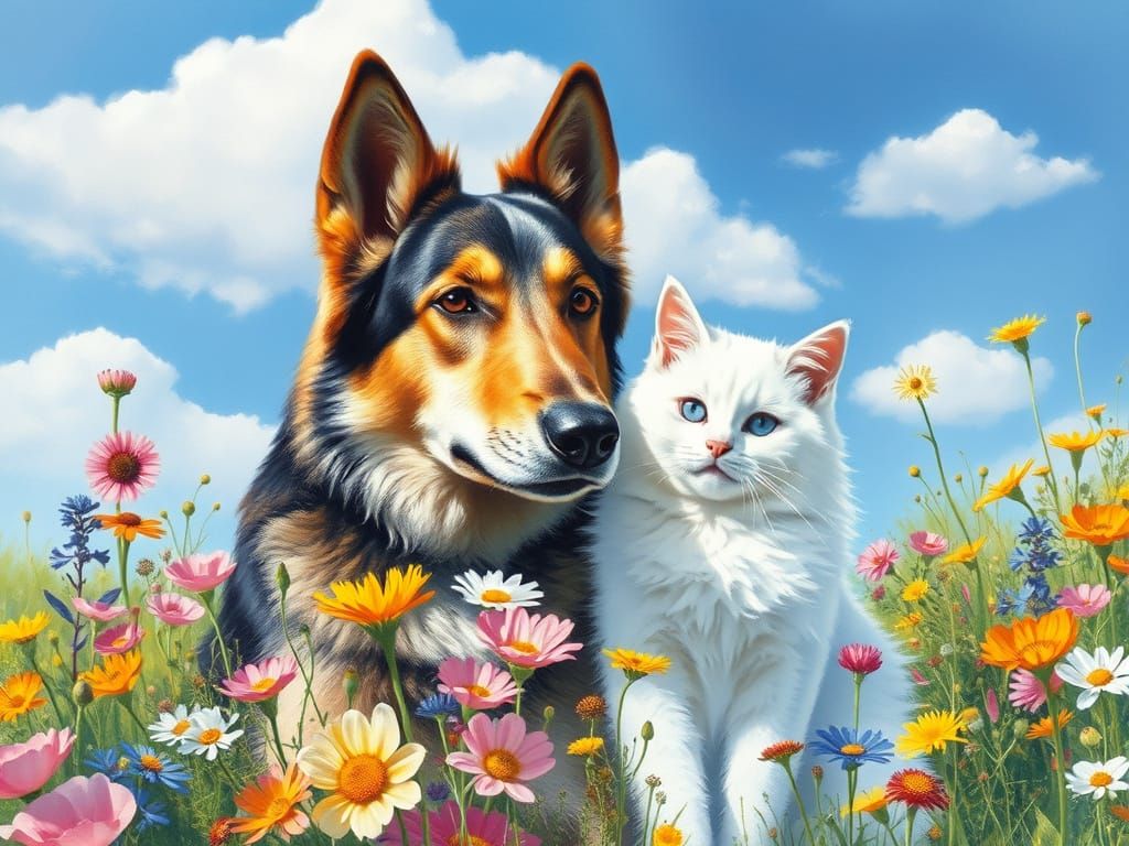 Irish Wolfhound and Cat in Floral Meadow as Impressionist Pa...