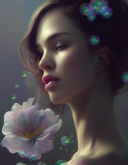 Beautiful Woman Portrait with Flowers in Hyperdetailed Style