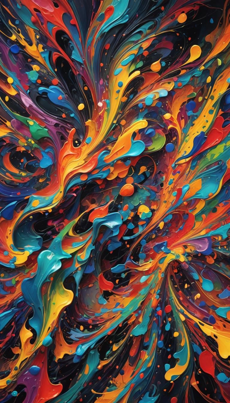 Vibrant Abstract Oil Painting with Swirling Neon Shapes