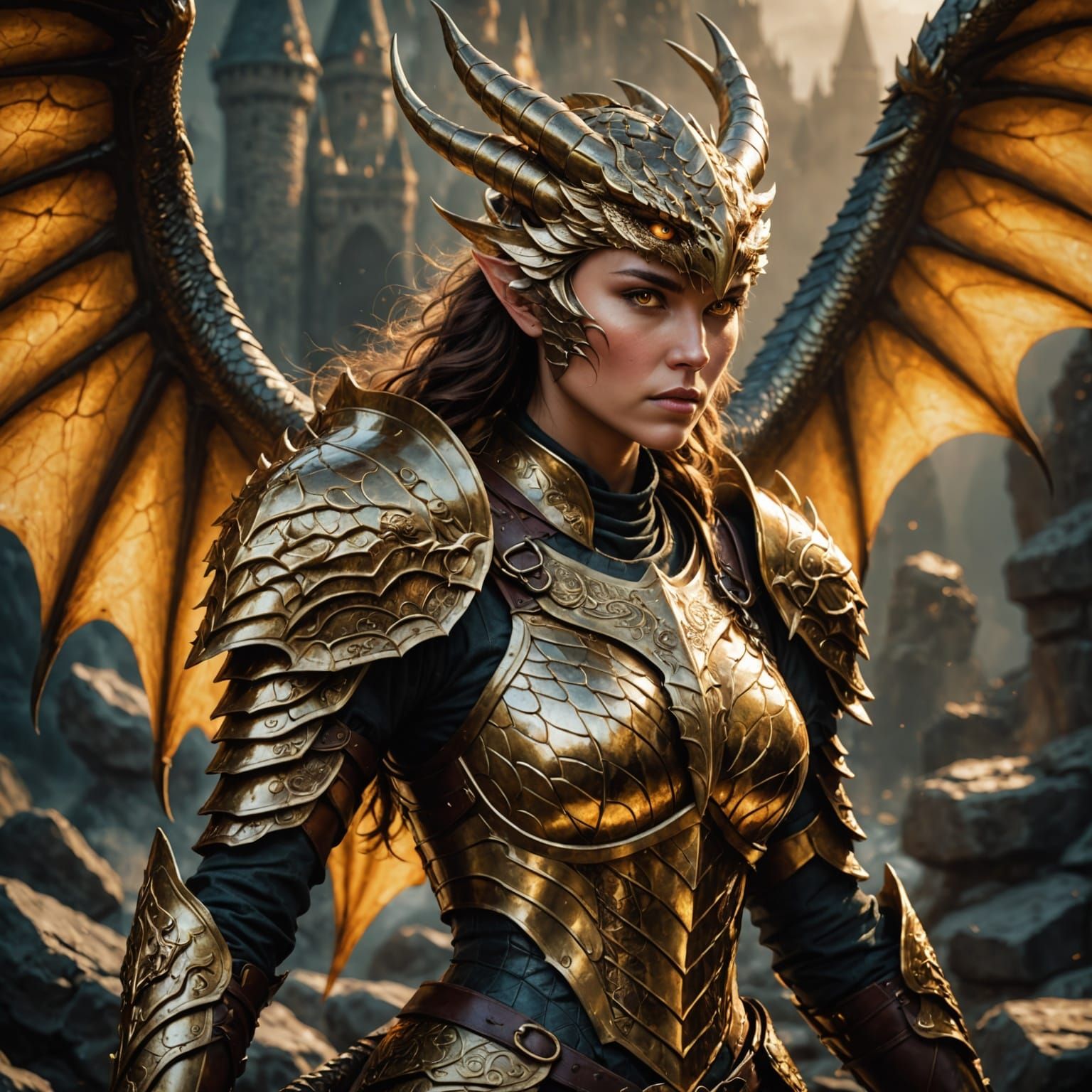 Elegant Dragon Warrior in Golden Armor, Fantasy Realm