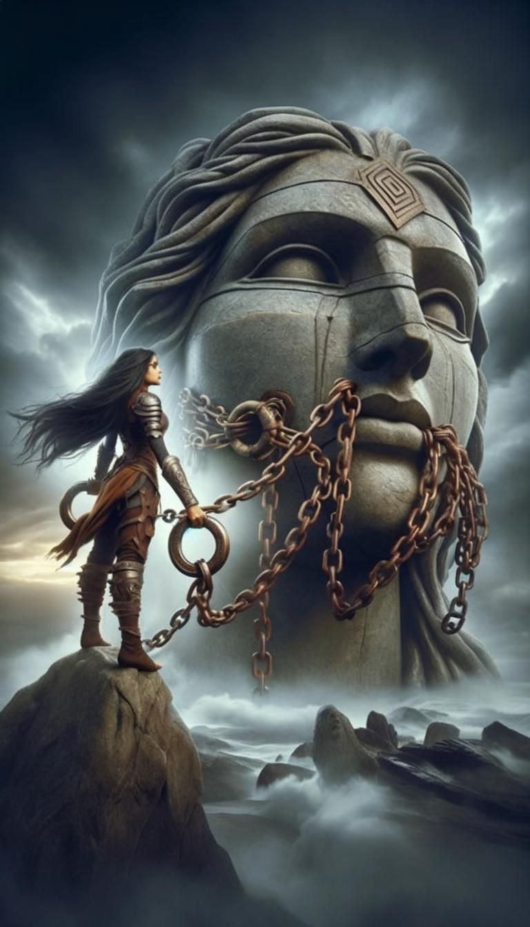 Valiant Warrior Triumphs Atop Colossal Statue