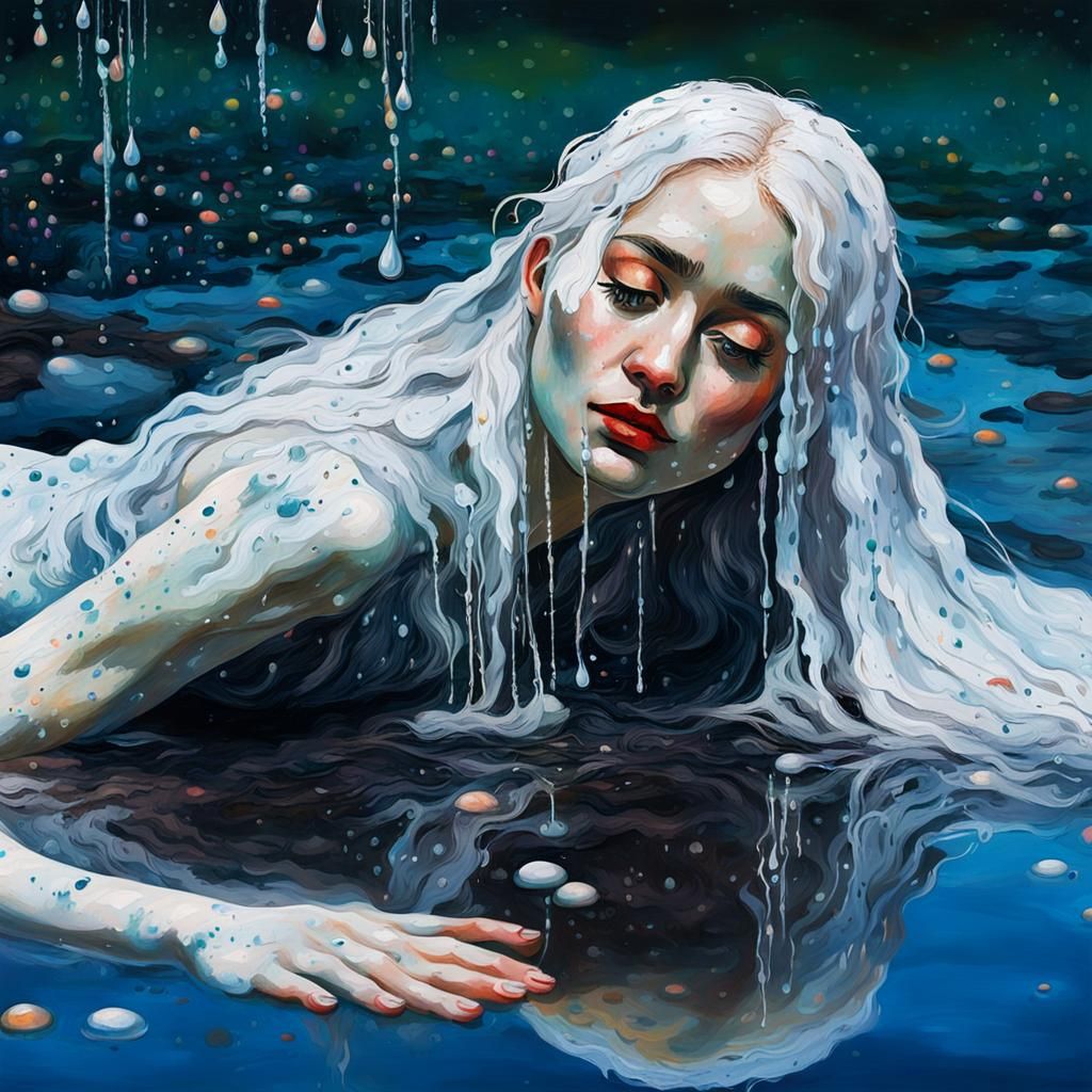 Ghostly Girl in Water: Neo-Impressionist Oil Painting