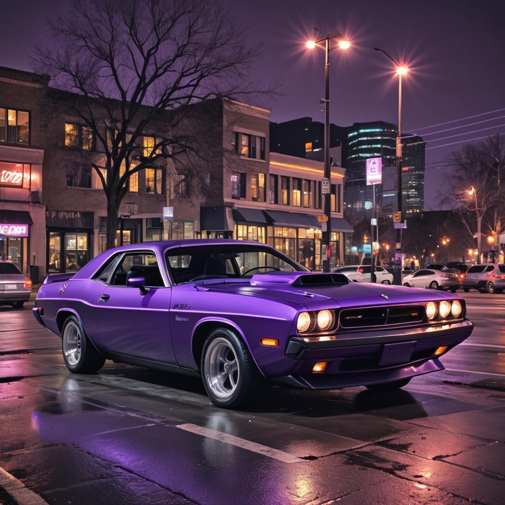 Purple Neon 1986 Dodge Challenger: Hyperrealistic Automotive...