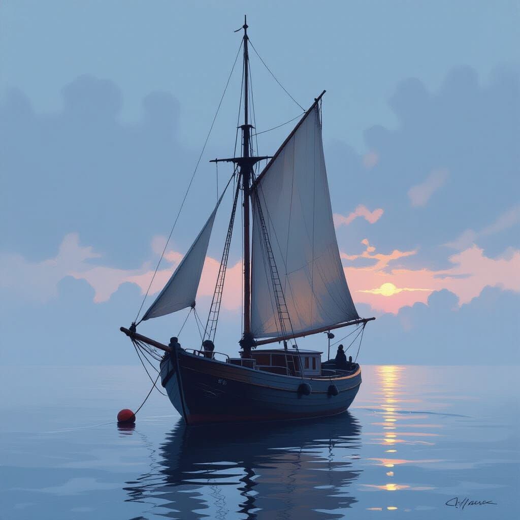 Majestic Sailboat on Misty Sea at Twilight, Impressionist St...
