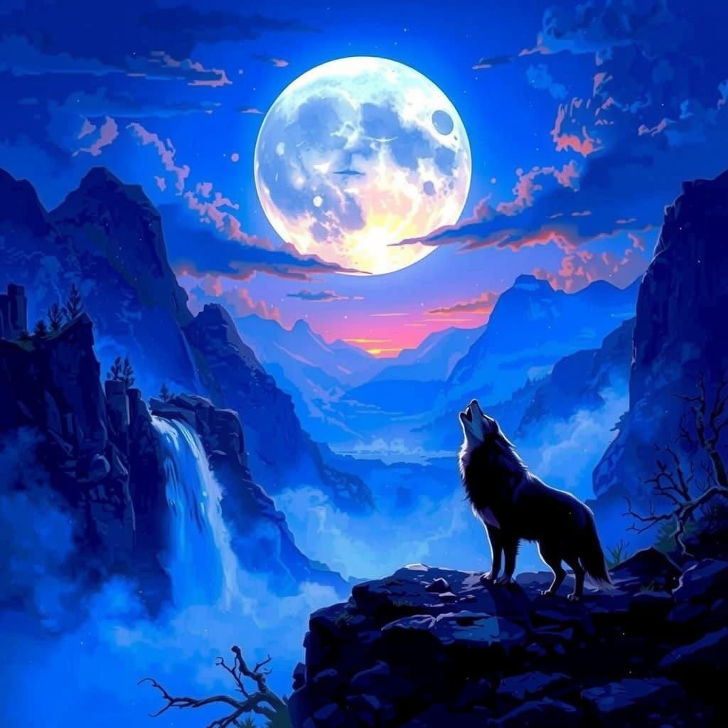 Lone Wolf Howling at Fractured Moon Over Waterfall