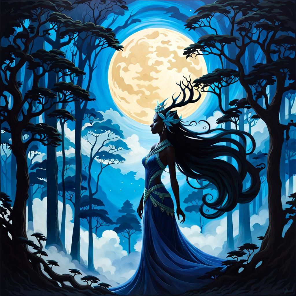 Ethereal Forest Queen in Moonlit Silhouette