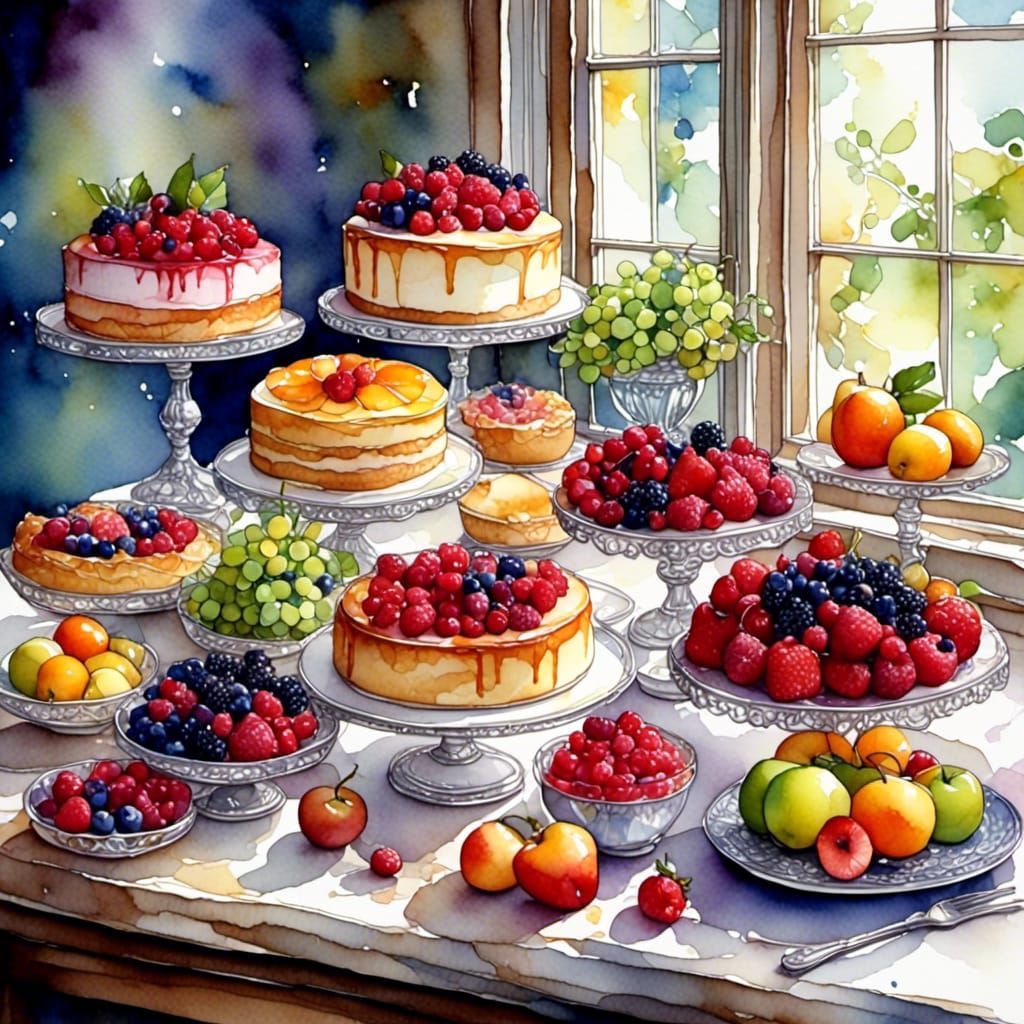Fruit Pie in Cake Shop, Watercolor Style
