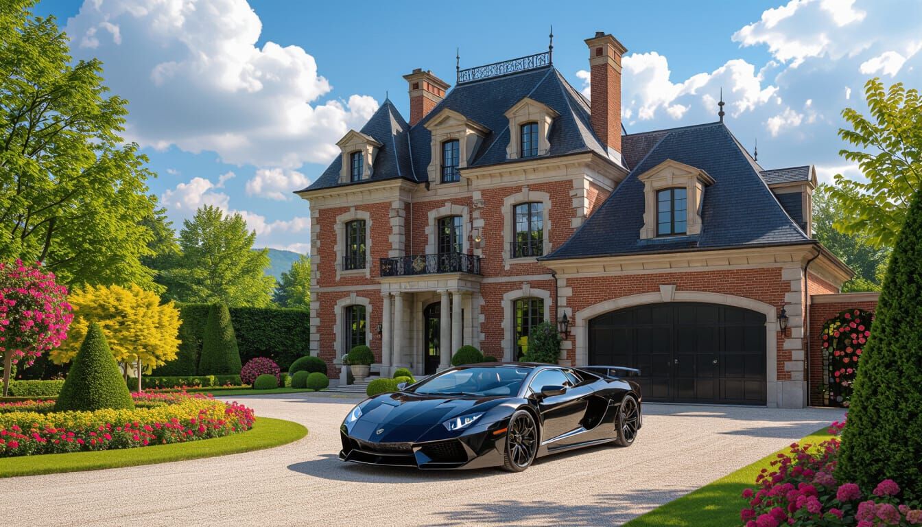 Grand Chateau with Black Supercar Amidst Vibrant Gardens