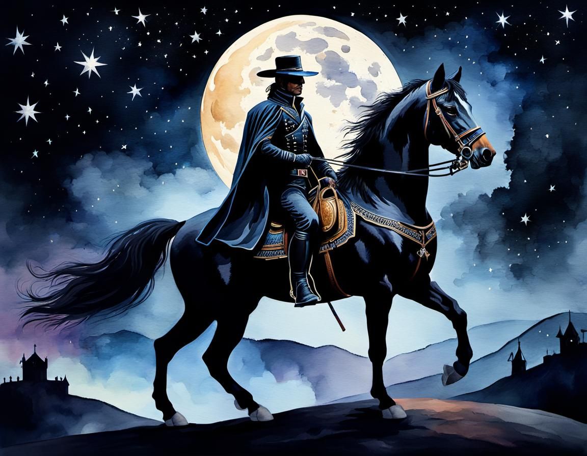 El Zorro on Black Horse in Watercolor