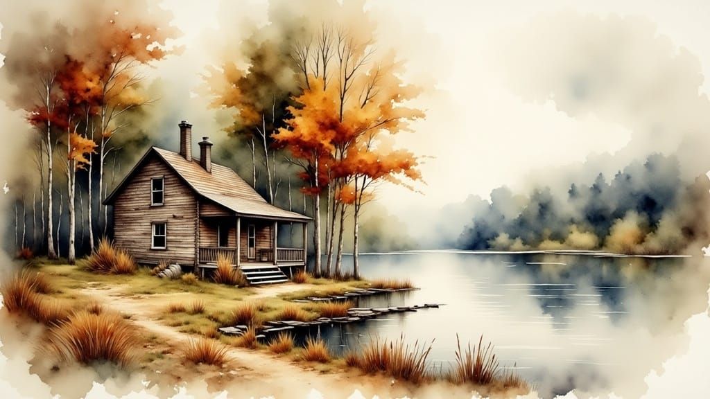 Wooden Cabin by Lake in Antique Watercolor Style