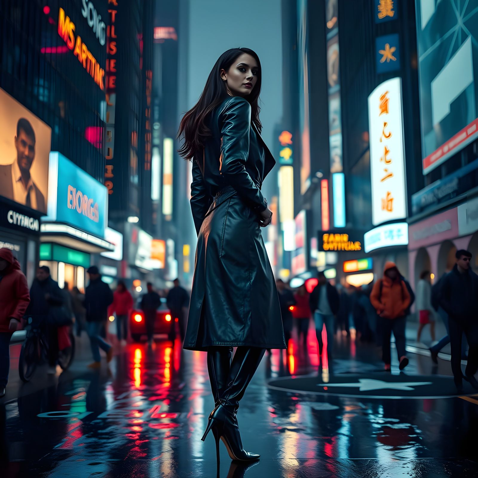 Confident Italian Woman in Cyberpunk City at Night