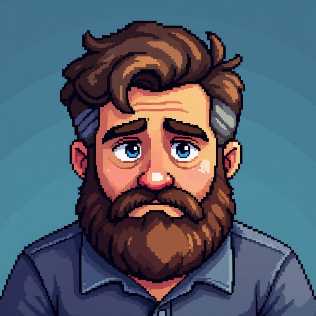 Sad Pixel Art Man with Bushy Beard in Retro Style