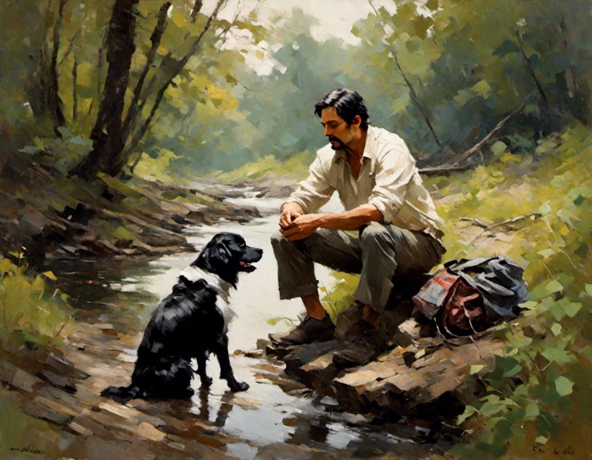 Man and Dog Camping by Forest Stream Portrait