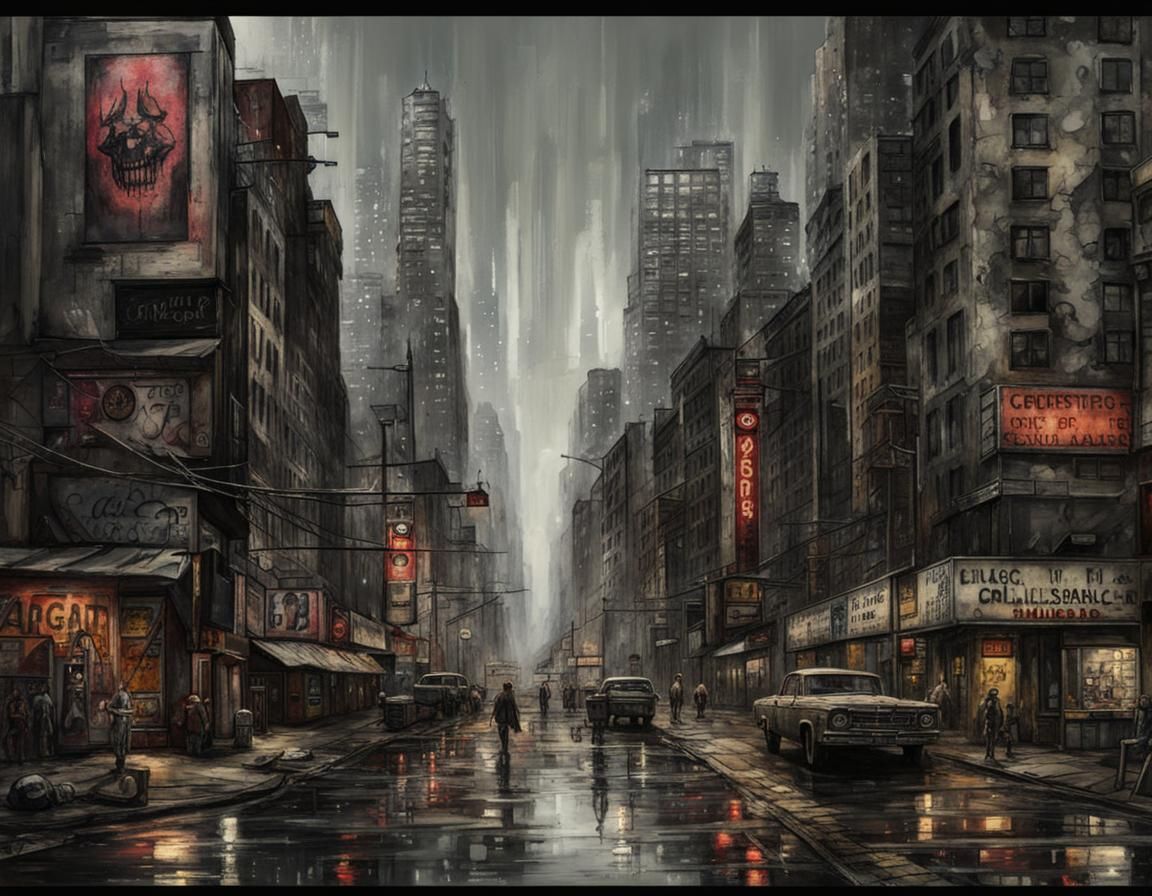 Grungy Dystopian Cityscape in Grungepunk Style