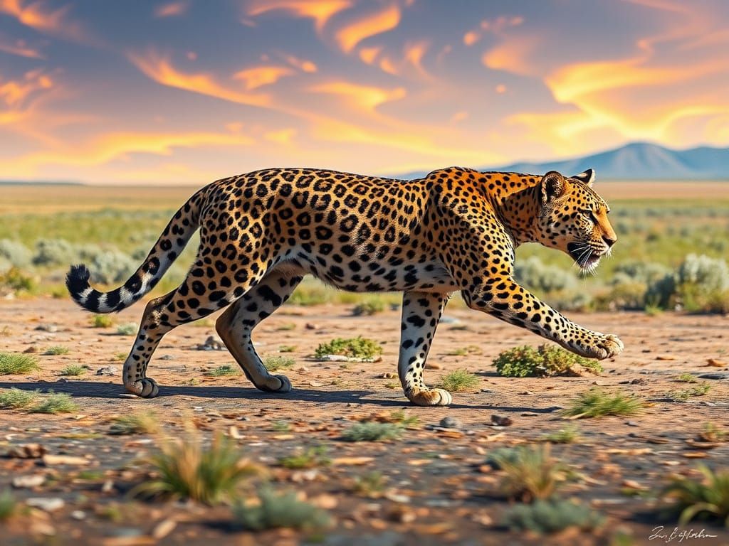 Hyperrealistic Leopard in Motion on Open Plain