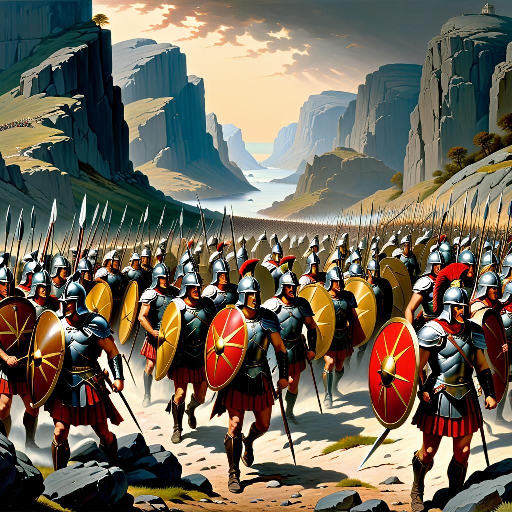 Spartans Led by Leonidas: Neoclassical Oil Painting