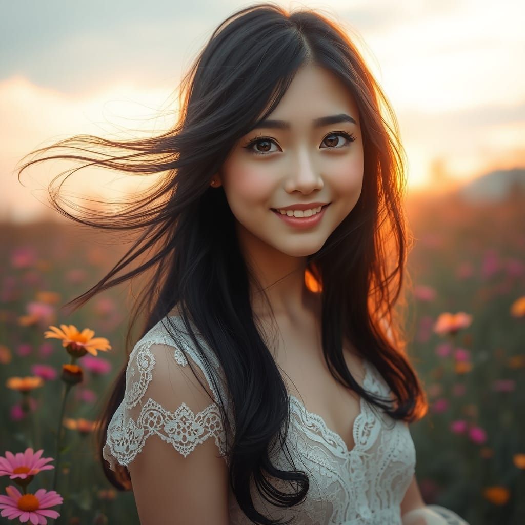 Hyper-Realistic Portrait of a Woman in Wildflowers