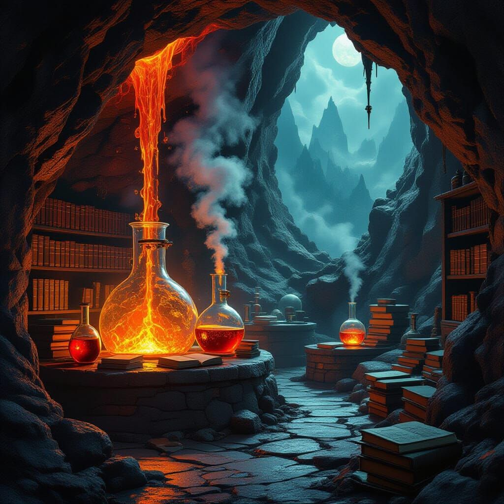 Volcanic Laboratory: A Surreal Fusion of Giger and Kinkade