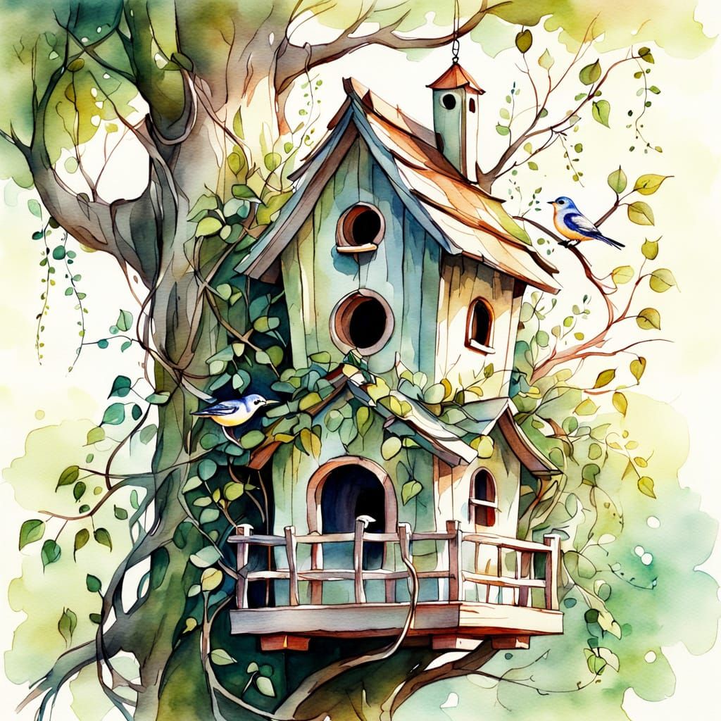 Whimsical Birdhouse in Watercolor Sketch Style