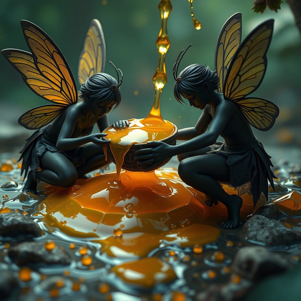Dark Fairies Gather Honey from a Leaking Hive in Vibrant Fan...