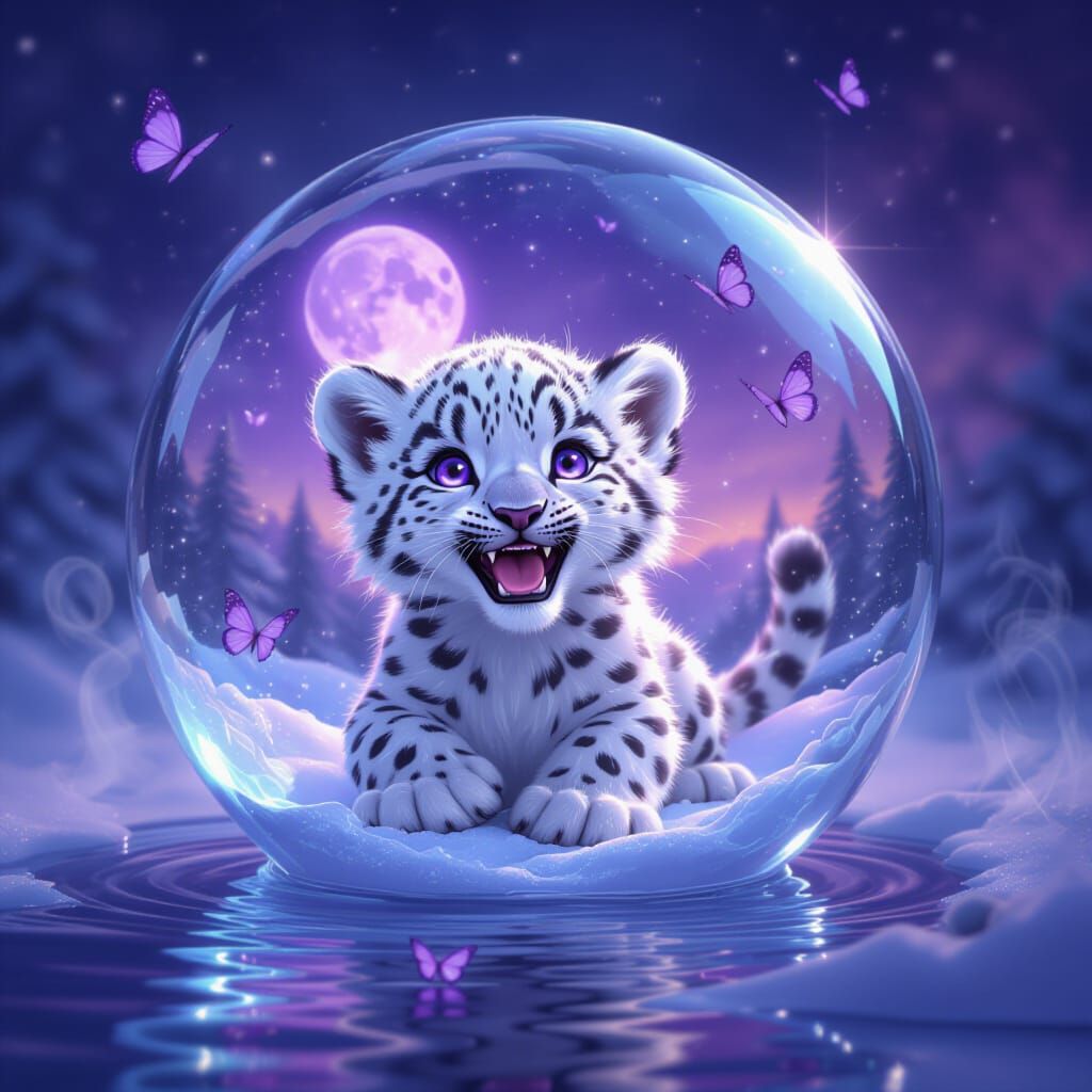 Snow Leopard Cub Plays Under Purple Moon in Crystal Sphere
