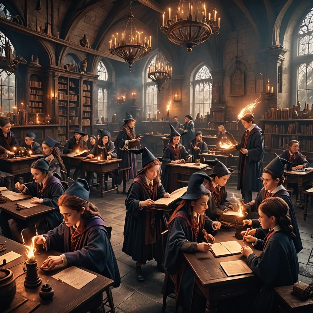 Wizardry School: Young Wizards Studying Spells, Digital Art