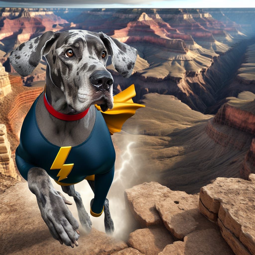 Great Dane Superhero Running Grand Canyon: Hyperrealistic Sp...