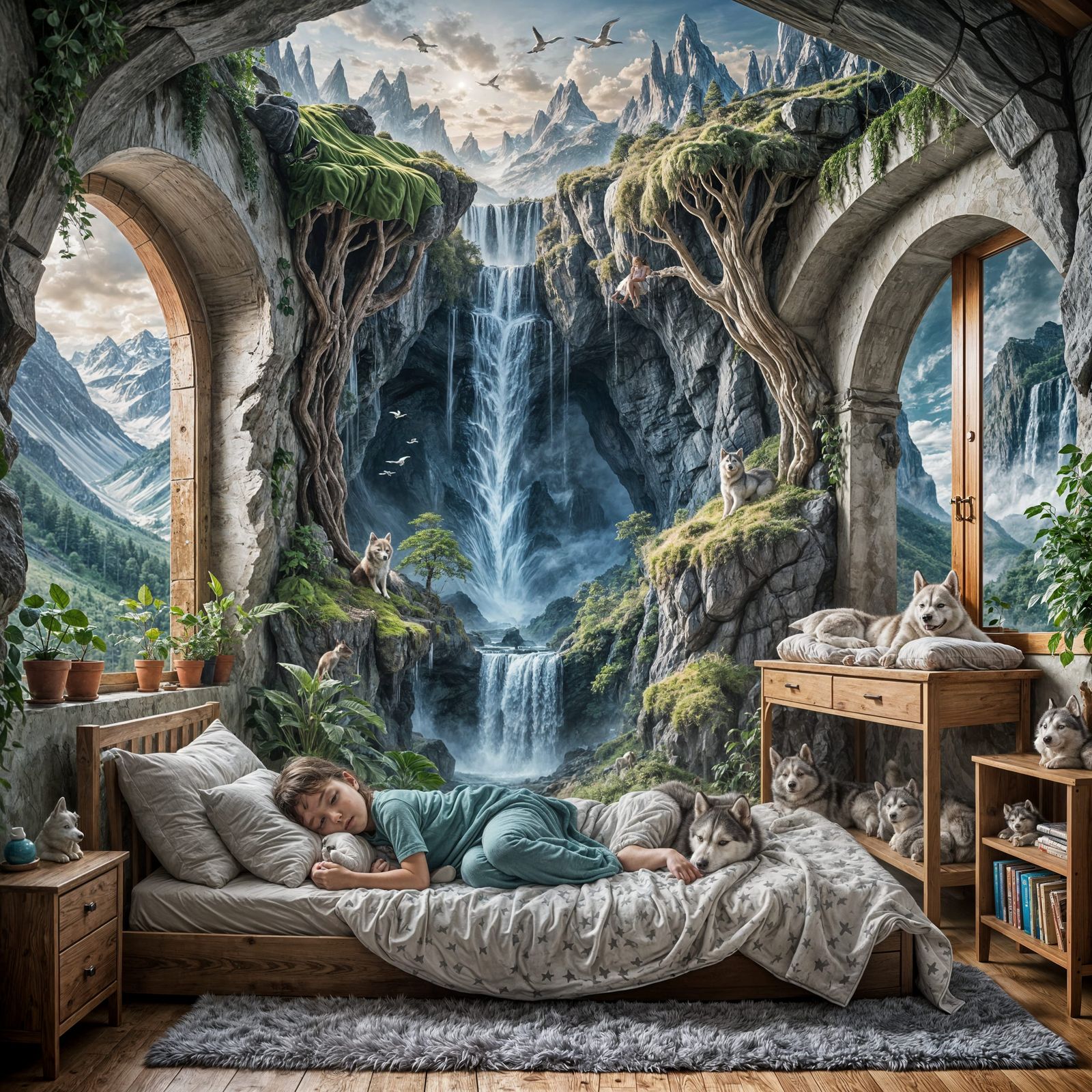 Child and Husky Dream in Surreal Magical Room