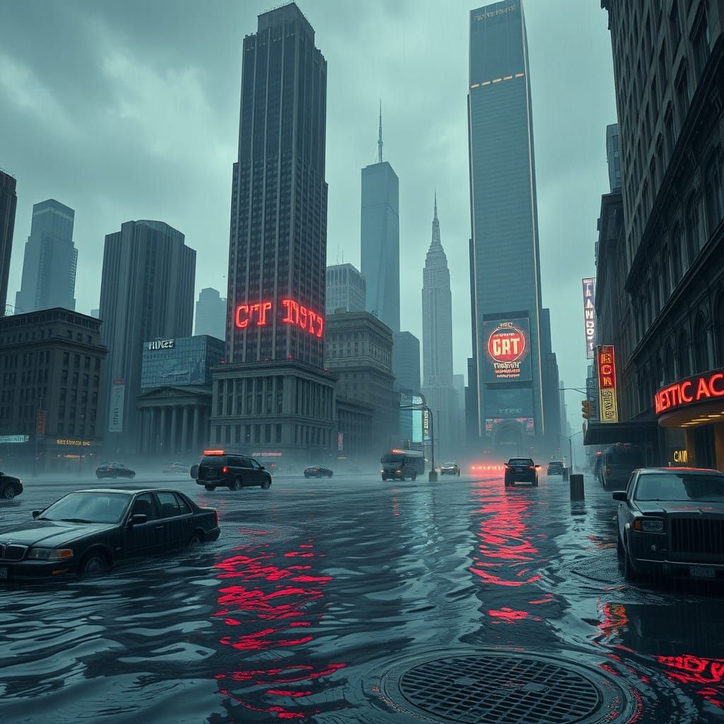 Stunning Cityscape Amidst Epic Floodwaters in Neon-Lit Futur...