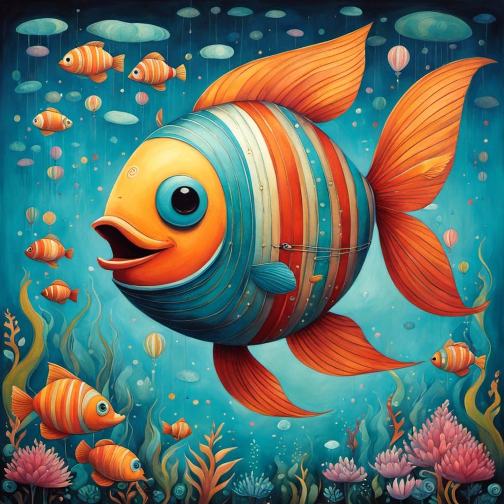 Fish Parachuting in Art Brut Style