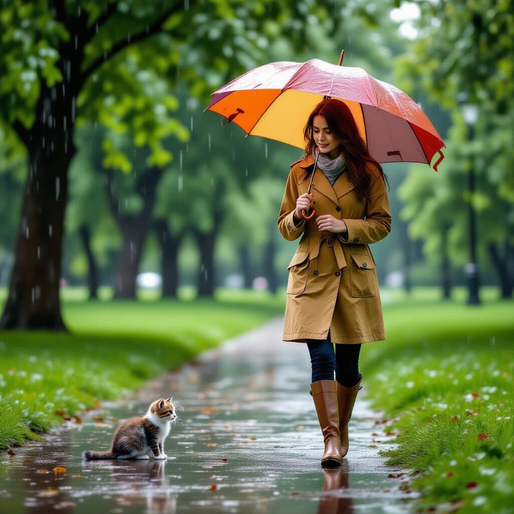 Woman and Kitten in Rainy Park: Realistic Photography