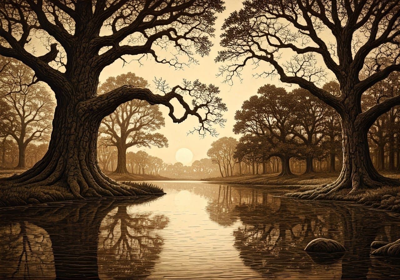 Dusk Landscape with Lake and Ancient Oak Trees, as Intricate...