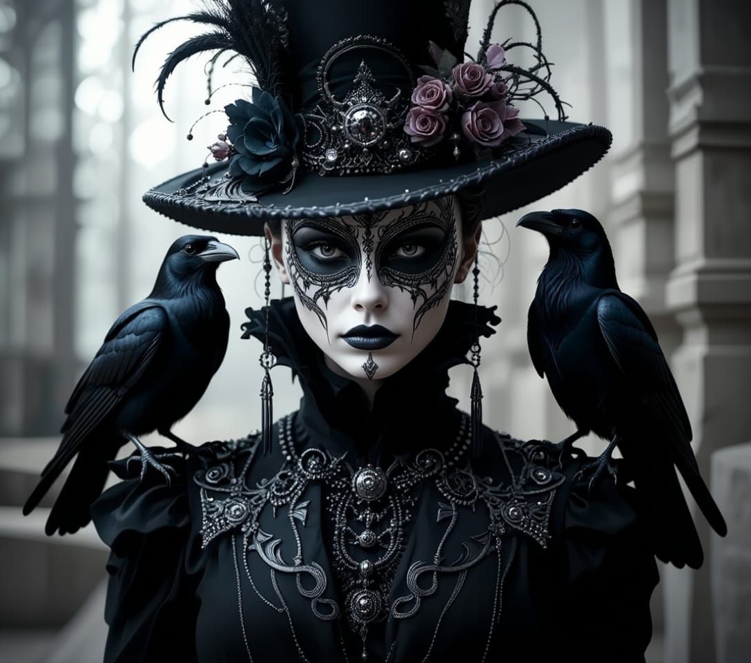 Elegant Gothic Woman with Black Crow Companion