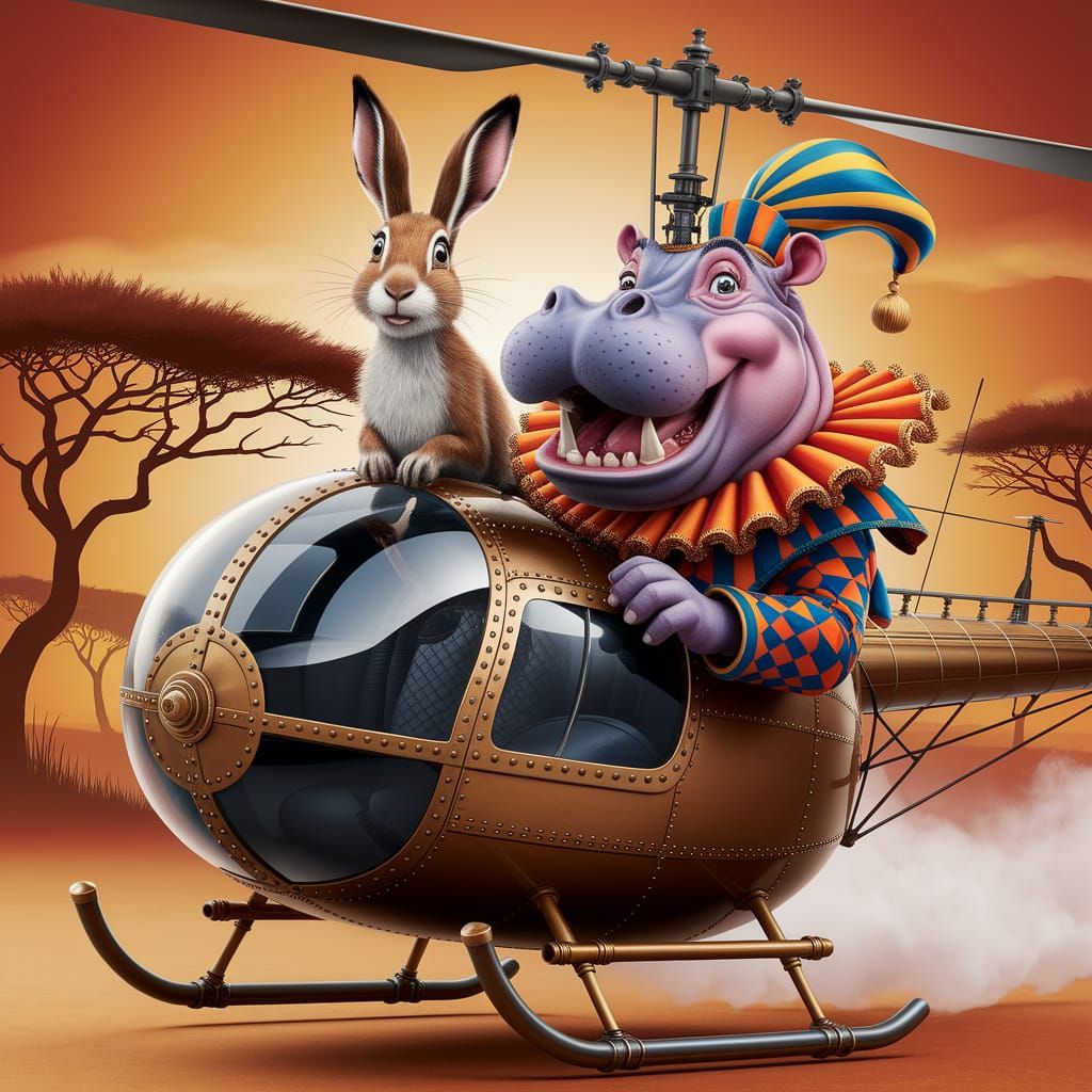 Whimsical Hippo Harlequin's Sunset Helicopter Adventure