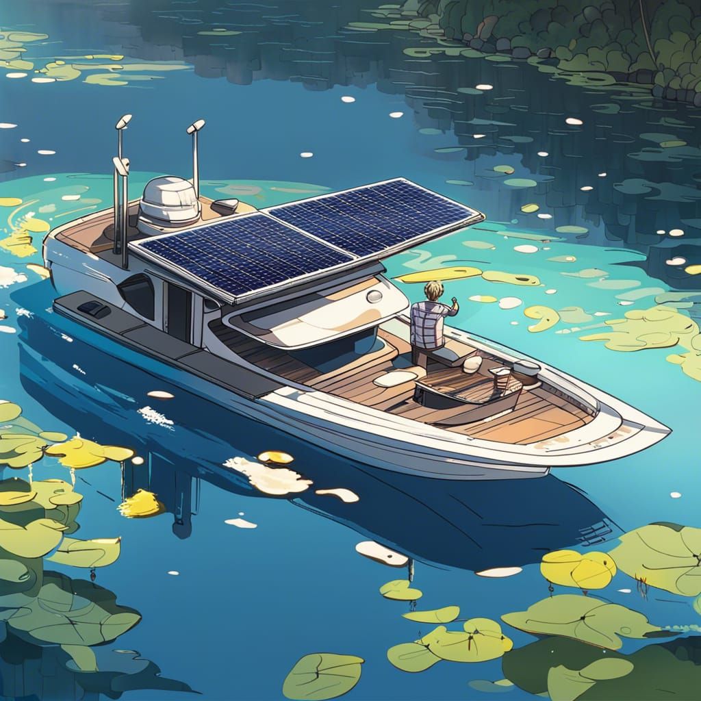 Solar Powered Motorboat on Lake in Anime Style