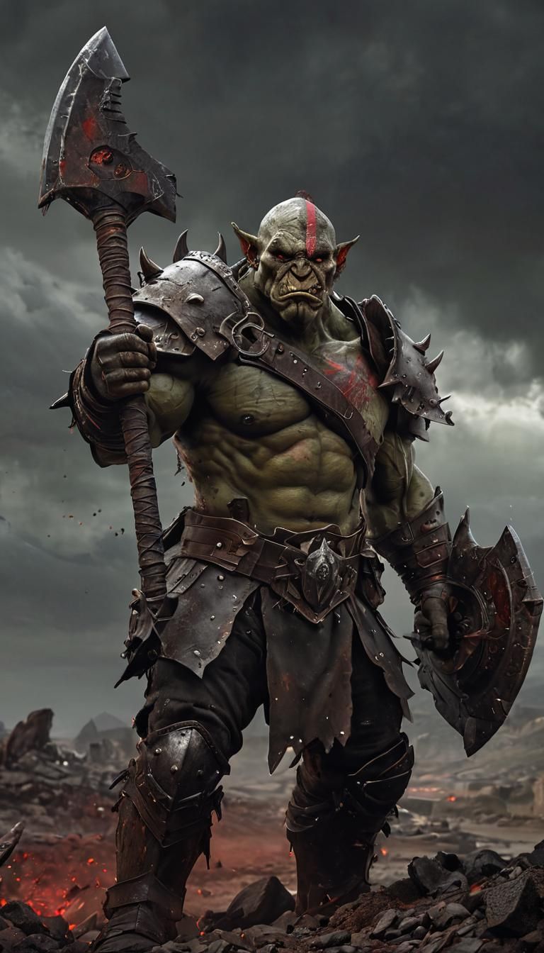 Fierce Orc Warrior in Desolate Wasteland