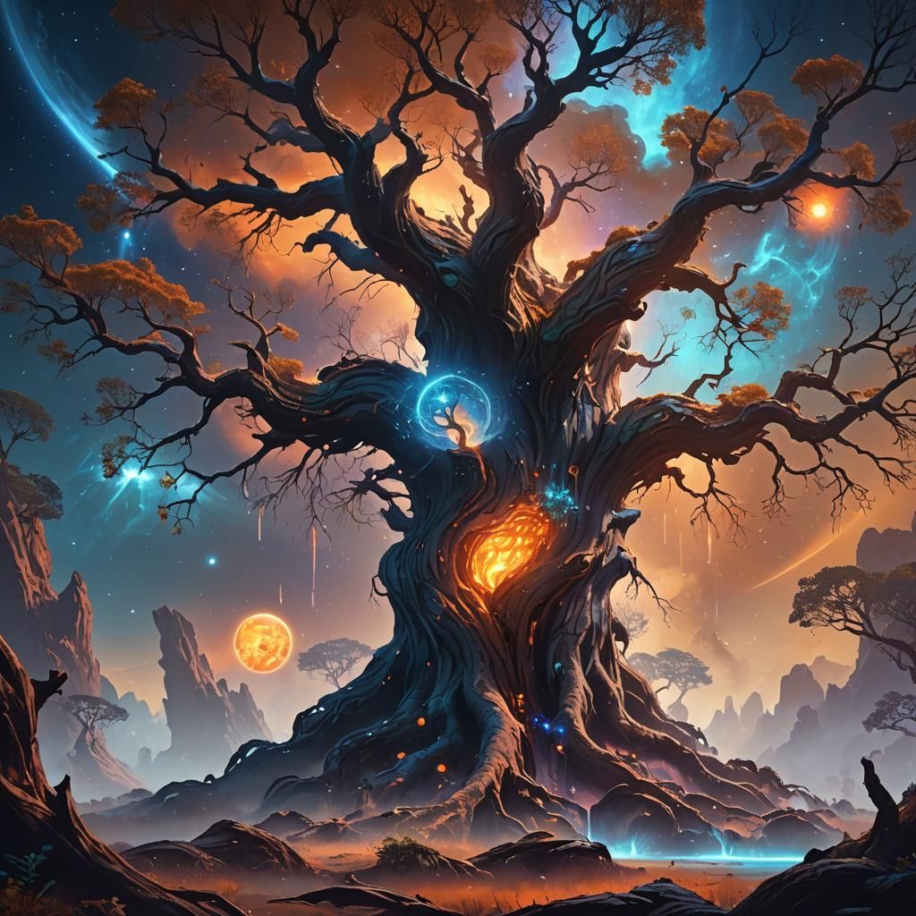 Glowing Nebula and Ancient Tree: Fantasy Concept Art