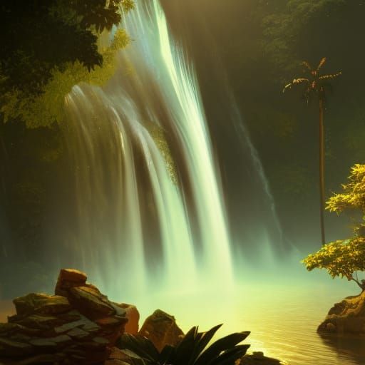 Tropical Sunset Waterfall Concept Art