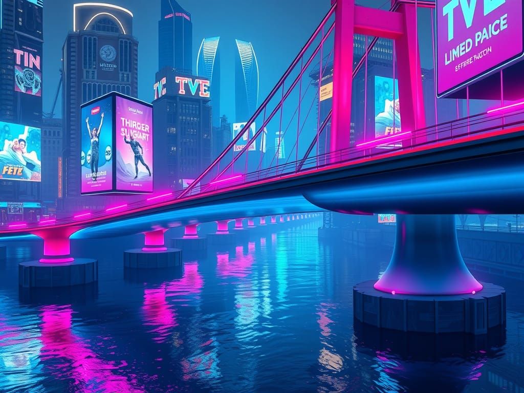 Sleek Futuristic Suspension Bridge Over Glowing River in Cyb...