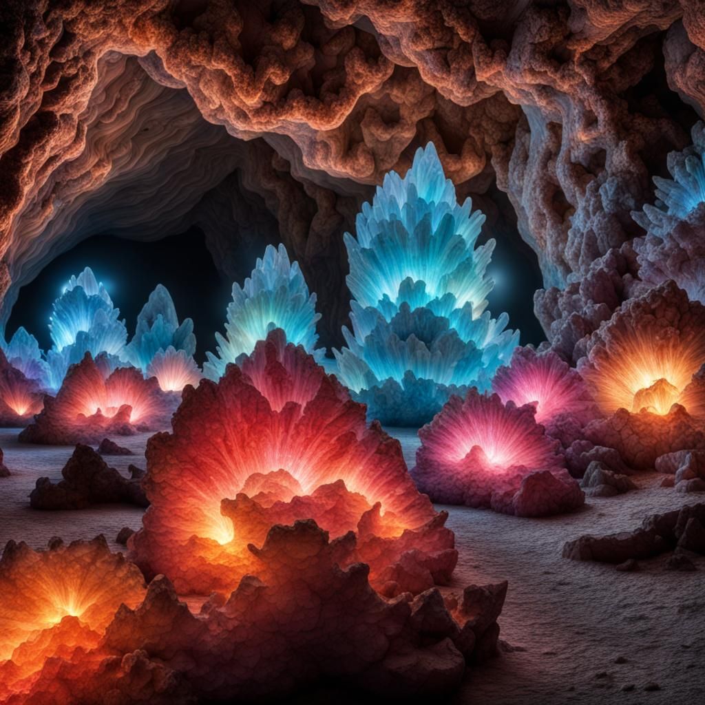 Luminous Cavern with Sparkling Crystal Formations