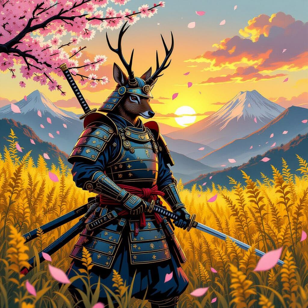 Samurai Deer in Goldenrod Field with Cherry Blossoms